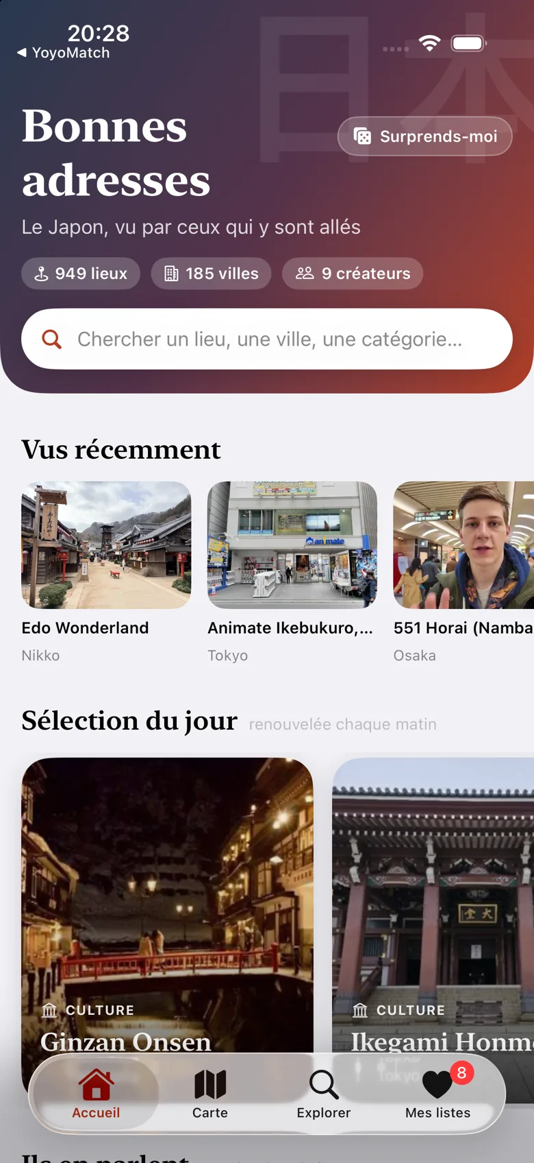Écran d'accueil Japam : bonnes adresses vues récemment et sélection du jour